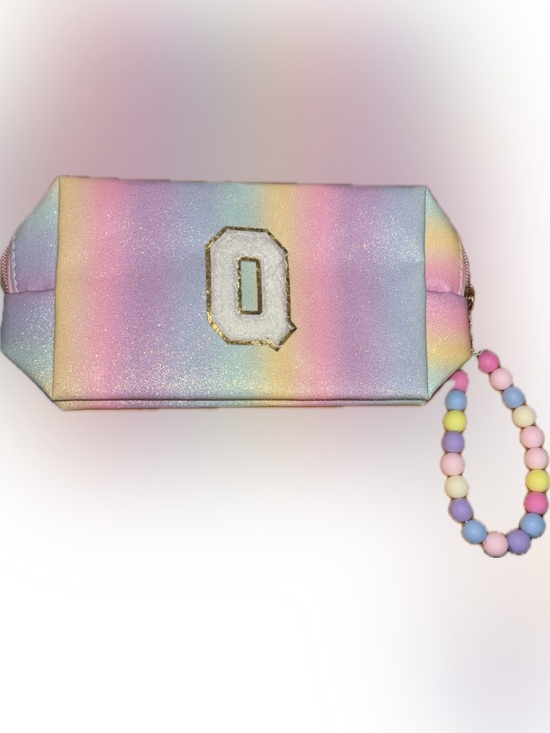 Handbags - Rainbow Pastel Glitter Wristlet Pouch with letter Q & Beaded Strap